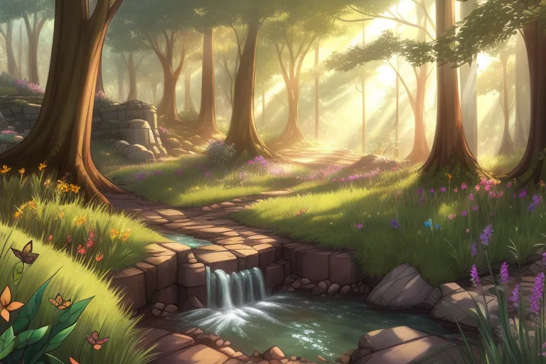 The image is a digital painting of a forest. The trees are tall and green, and the leaves are a light green. The ground is covered in grass and flowers of various colors. There is a small stream running through the middle of the forest, and there are rocks and boulders scattered around. The sun is shining through the trees, and there is a light mist in the air. There are also some butterflies and birds in the image.