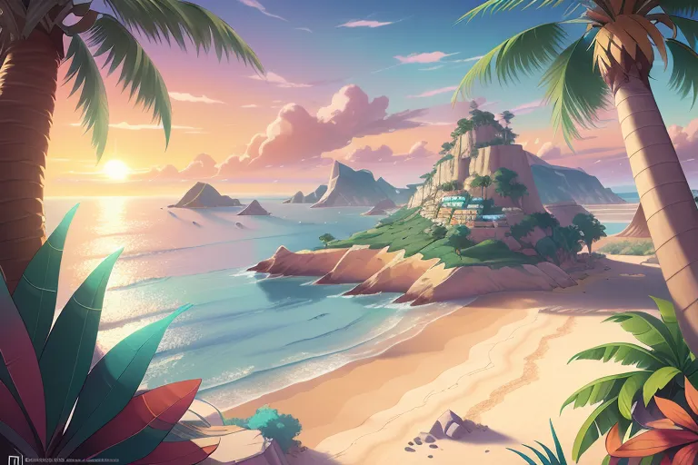 The image is a cartoon landscape of a tropical beach. The foreground is a sandy beach with palm trees and other tropical plants. The middle ground is a blue sea with small waves. The background is a large island with green hills and a few houses. The sky is a gradient of pink, orange, and yellow with white clouds. The sun is setting over the horizon.