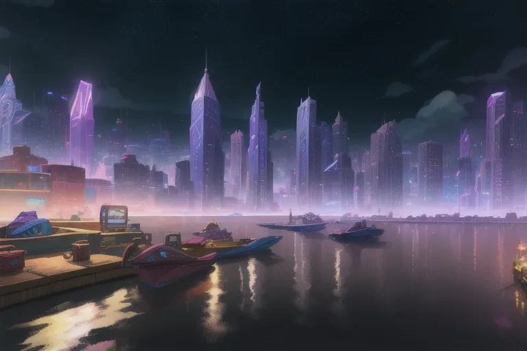 The image is a night view of a futuristic city. The city is full of tall buildings and skyscrapers, all of which are lit up by bright lights, making the city appear very colorful. There is a river in front of the city, with several boats docked along the shore. The sky is dark and cloudy, but the city lights reflect off the water, creating a beautiful scene.