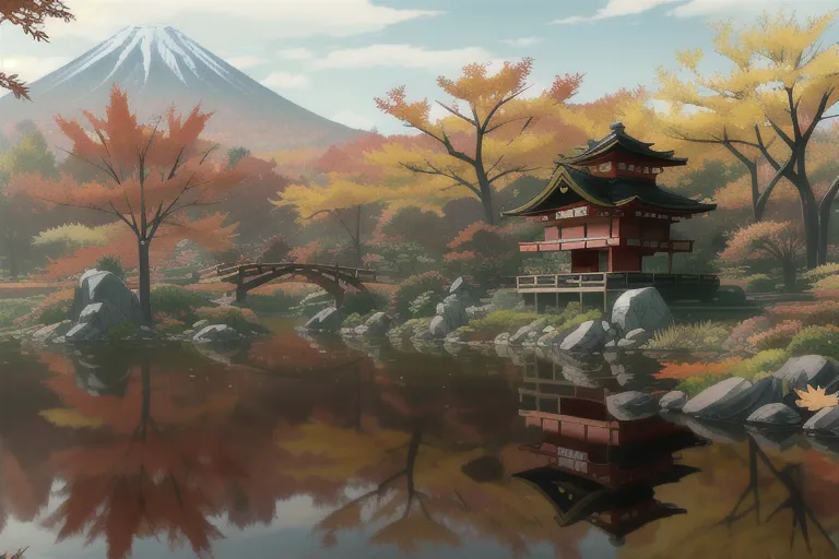 The image is a beautiful landscape of a Japanese garden in autumn. The trees are in full bloom and the leaves are a vibrant red, orange, and yellow. The garden is crossed by a small river with a red bridge. In the background, there is a tall mountain covered with snow. The sky is blue and there are some clouds. The overall effect is one of peace and tranquility.