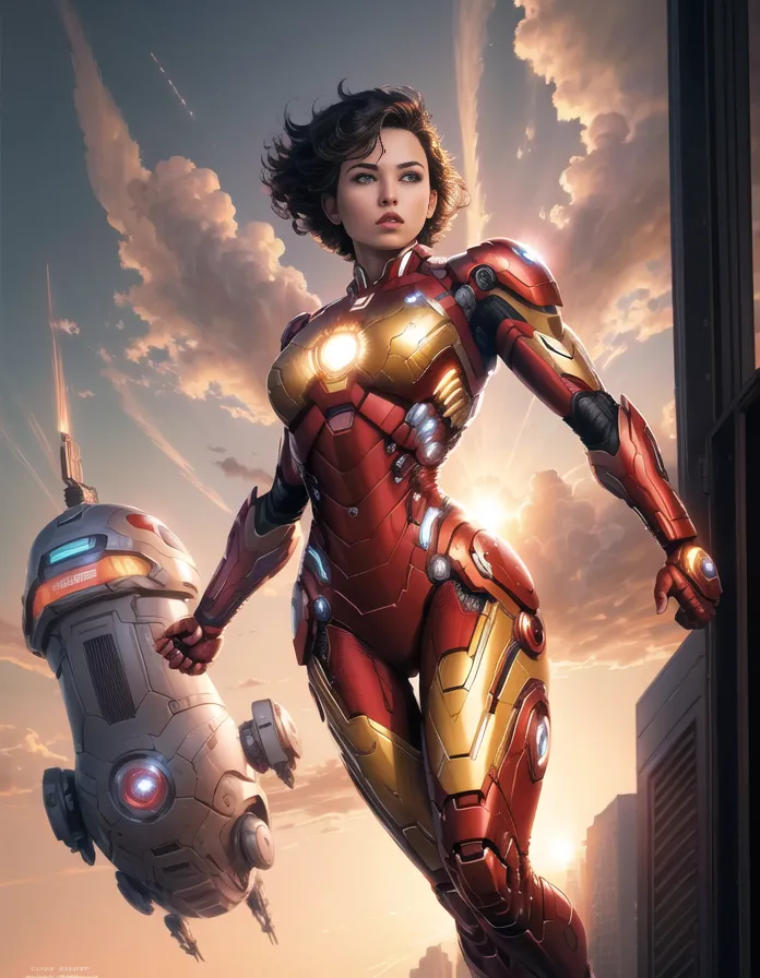 La imagen muestra a una mujer vestida con un traje de Iron Man rojo y dorado. Tiene el cabello corto y castaño y ojos marrones. Está en posición de combate, con la mano izquierda levantada en el aire y la derecha sosteniendo un pequeño robot. Está rodeada de una luz brillante y resplandeciente. El fondo es un paisaje urbano, con altos edificios y un cielo brillante.