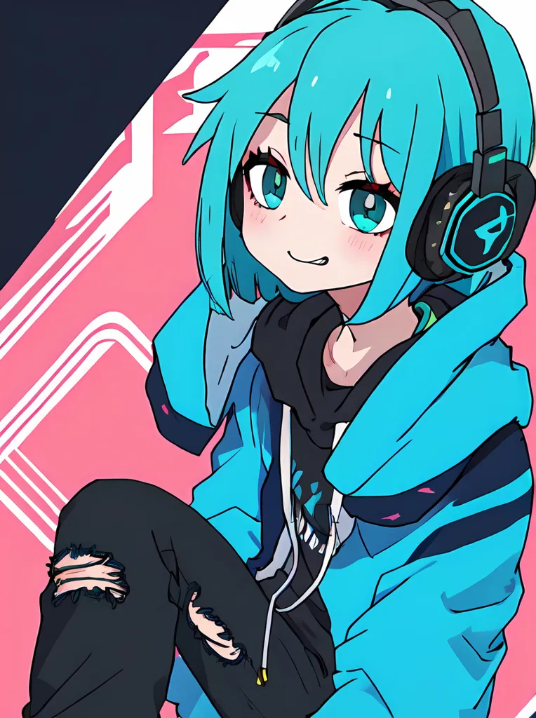 The image is of an anime-style girl with blue hair and green eyes. She is wearing a blue hoodie and black pants. The girl is sitting in a relaxed pose with her legs crossed and one hand resting on her knee. She has a pair of headphones on and is smiling. The background is pink and white with some blue and black accents.