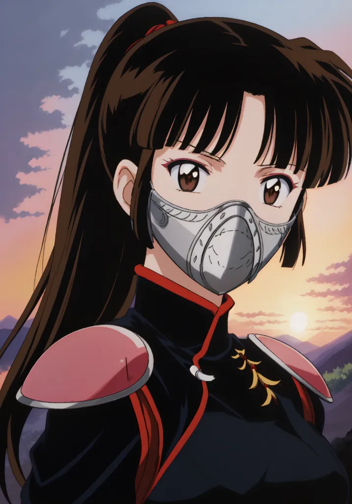 The image is of a young woman with long brown hair and brown eyes. She is wearing a black and red outfit with a metal mask over her mouth. The mask has a circular design on it. She is standing in front of a sunset with a mountain range in the distance.