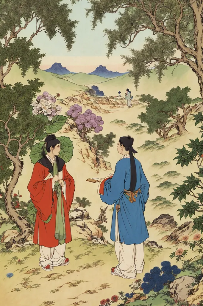 The image is a Chinese painting in the style of the Song dynasty. It depicts two scholars in a landscape. The scholars are both wearing robes and have their hair tied up in buns. They are standing in a clearing in a forest, and there are mountains in the background. The trees are painted in a realistic style, and the leaves are a variety of colors. The painting is done in muted colors, and the overall effect is one of peace and tranquility.