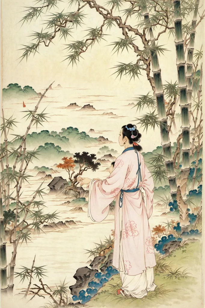 L'image est une peinture chinoise d'une femme debout dans une forêt de bambous. La femme porte une robe rose avec une écharpe bleue et a les cheveux attachés en chignon. Elle regarde un objet rouge dans le lointain. La forêt de bambous est dense et verte, et il y a des montagnes à l'arrière-plan.