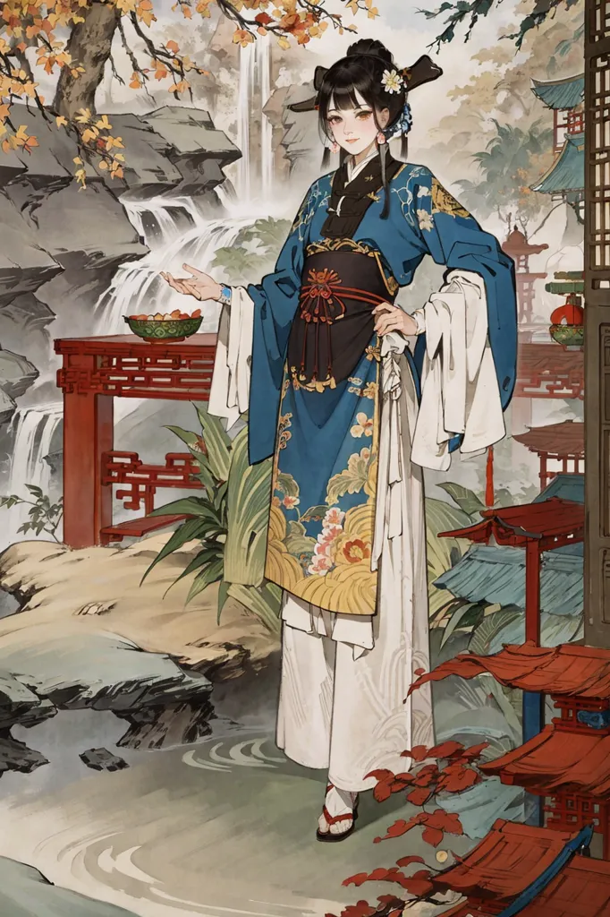 The image is a painting of a Chinese woman in a blue and white dress with a red sash. She is standing in a garden with a waterfall in the background. The woman is holding a bowl of fruit. She has long black hair and is wearing a white flower in her hair. The painting is done in a realistic style and the colors are vibrant and lifelike.