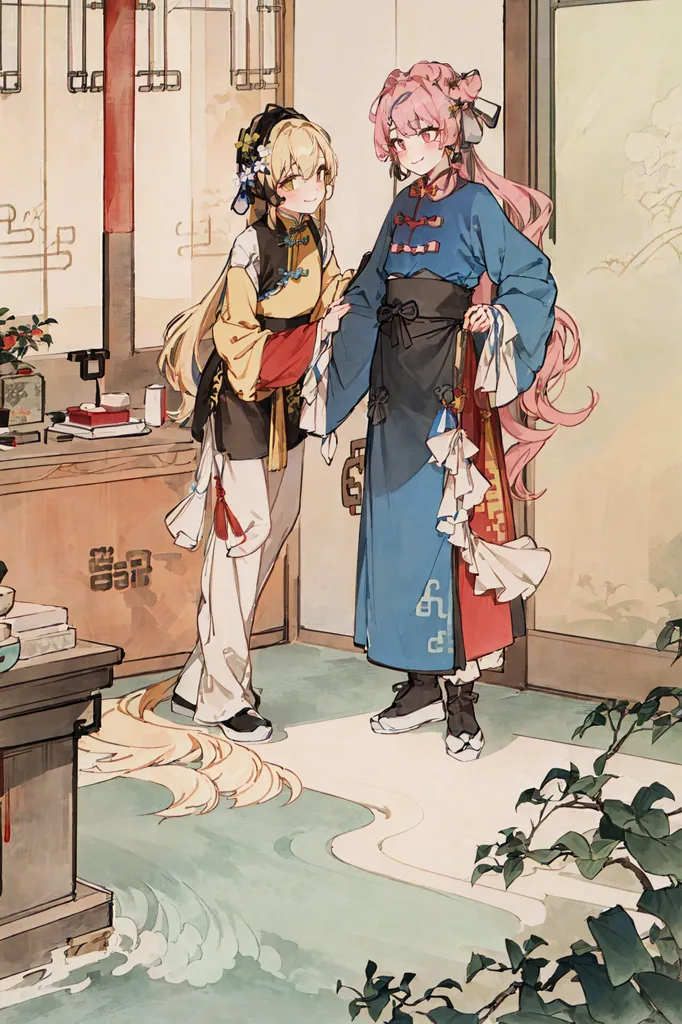 The image shows two anime girls in a traditional Chinese setting. The girl on the left has long yellow hair and is wearing a yellow and white outfit. She is smiling and has her hand on the shoulder of the girl on the right. The girl on the right has long pink hair and is wearing a blue and white outfit. She is also smiling and has her hand on the girl on the left's waist. There are plants and a table with a tea set on it in the background. The overall tone of the image is happy and peaceful.