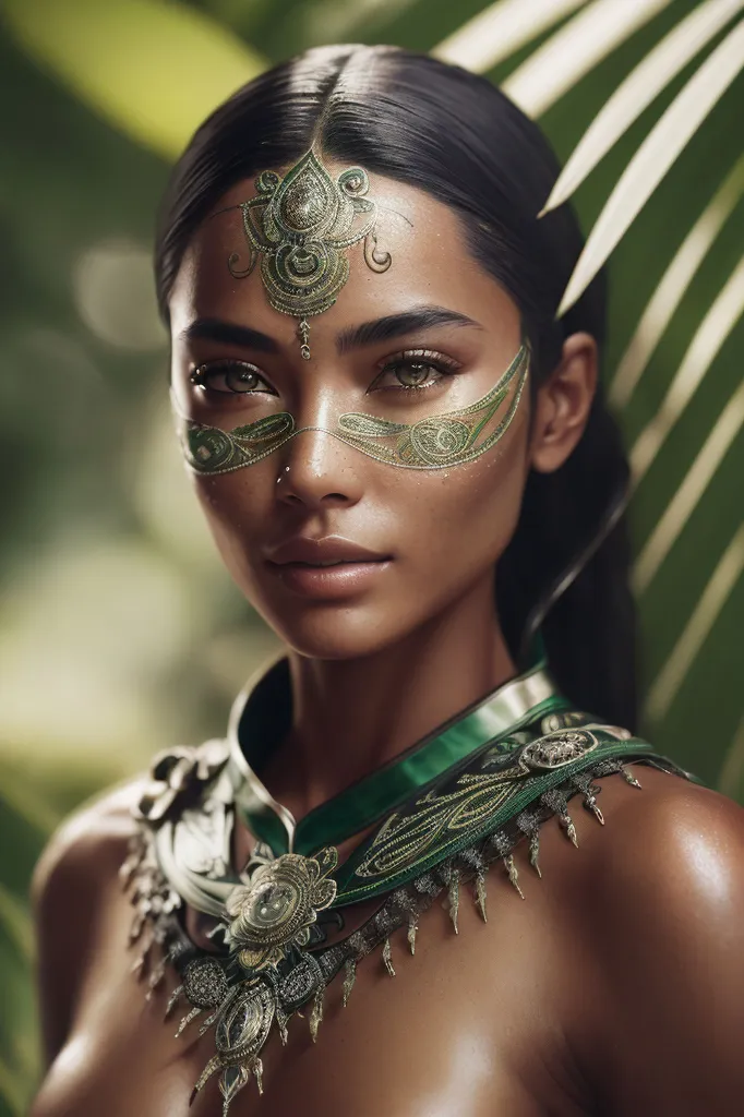 Esta imagen muestra a una mujer joven, probablemente de principios de los 20, con el cabello negro largo, ojos marrones oscuros y un bronceado claro. Lleva un collar verde y dorado, y tiene diseños intrincados de verde y oro pintados en la cara y el cuello. Está de pie frente a un fondo verde exuberante, lo que sugiere que se encuentra en una selva u otro entorno tropical.