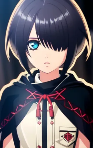 This is an image of a young girl with short black hair and blue eyes. She is wearing a white shirt with a black jacket and a red tie. She is also wearing a black cape with a red hood. The girl is standing in a dark room with a spotlight shining down on her. There is a serious look on her face.