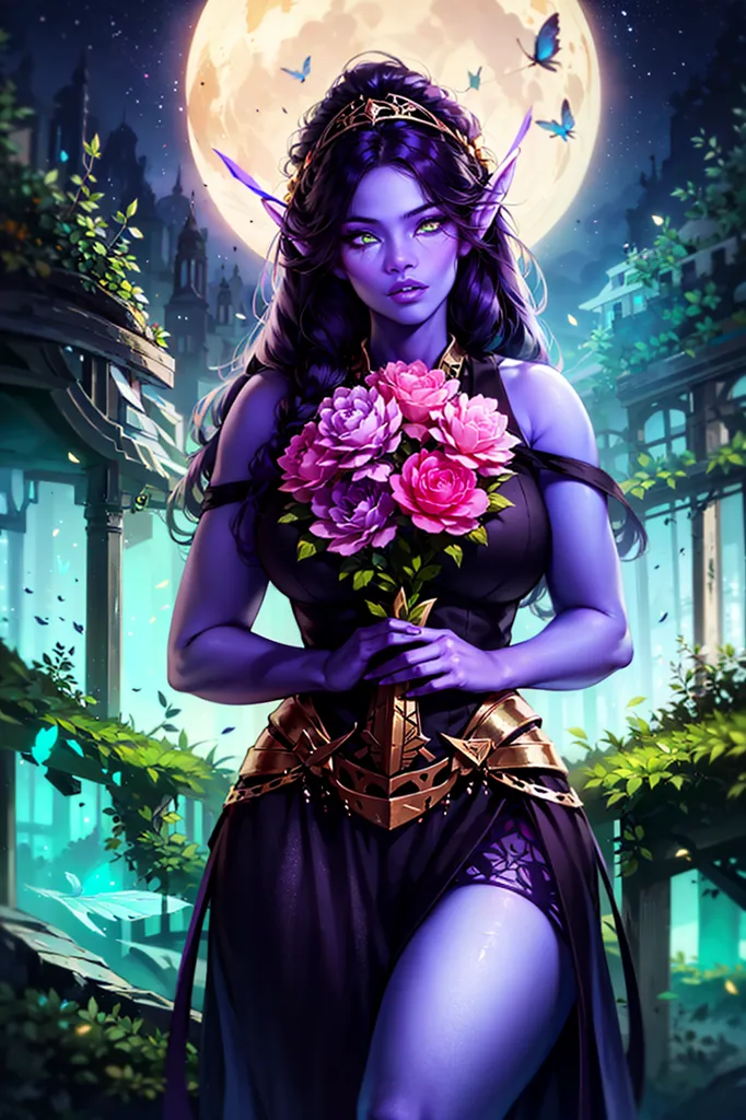 Esta é uma imagem de uma mulher elfa drow. Ela tem pele roxa escura, cabelos longos e pretos, e olhos roxos. Ela está usando um vestido preto com um corpete dourado e um colar dourado. Ela também está usando uma coroa de flores. Ela está em pé em uma floresta e há uma lua cheia ao fundo.