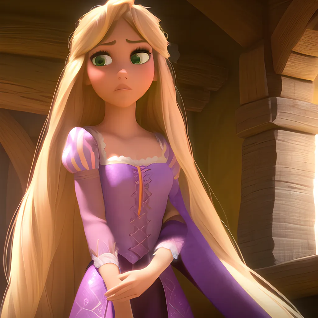 The picture shows Rapunzel, a character from the Disney movie "Tangled". She is sitting in a room, probably her bedroom. She is wearing a purple dress with a white camisole. Her long blond hair is flowing down her back. She has green eyes and a worried expression on her face. She is probably thinking about something that is troubling her.