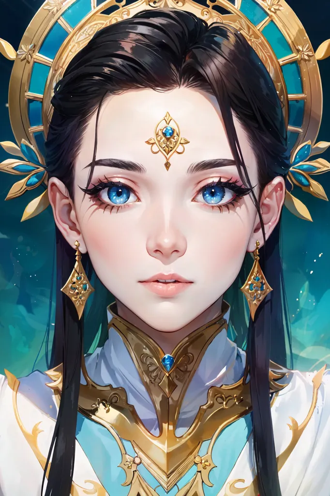 This image shows a young woman with long black hair and blue eyes. She is wearing a white and gold dress with a high collar and a gold headpiece. She is also wearing blue and gold earrings. The background is a light blue color with a white circle behind her head that has blue and green designs on it.