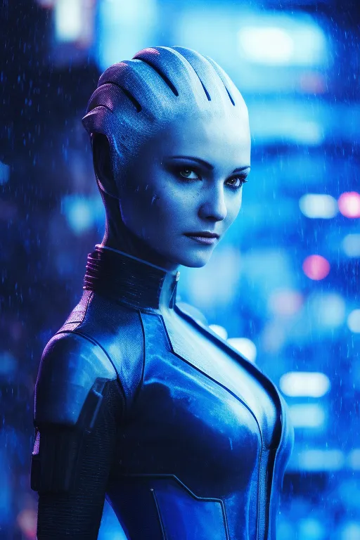 The image shows a photo of a female alien with blue skin and black hair. She is wearing a blue suit with a high collar. The background is blurred and shows a city at night.