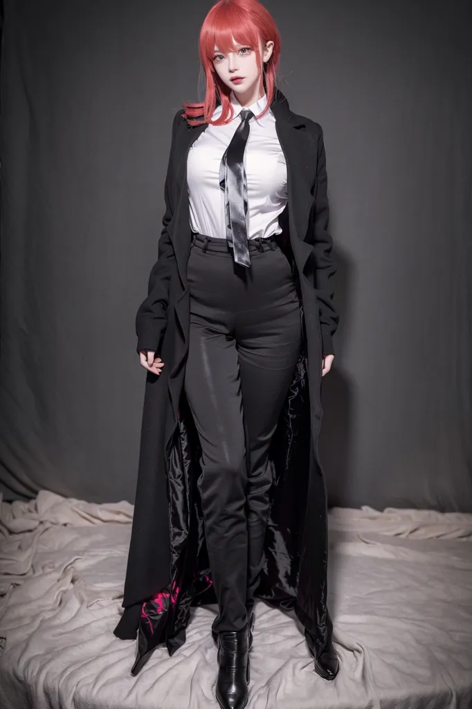 The photo shows a young woman with an expressionless face. She has bright red hair and is wearing a white dress shirt, black pants, a black tie, and a long black coat with red lining. She is also wearing black boots. The photo is taken from a low angle, which makes the woman look taller and more imposing. The background is a dark grey, which makes the woman stand out.