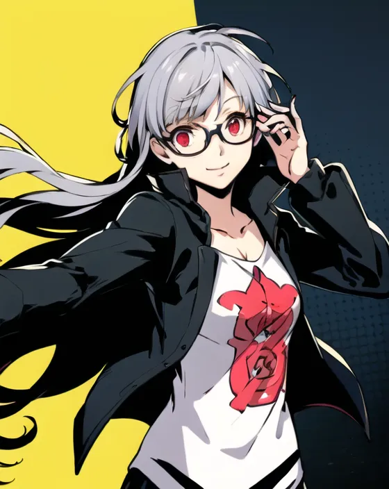 The image shows a young woman with long silver hair and red eyes. She is wearing a black jacket, a white shirt with a red and white design on it, and glasses. She has a confident smile on her face and is adjusting her glasses with her right hand. The background is split in half, with bright yellow on the left and dark blue on the right.