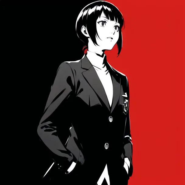 The image is of a young woman with short black hair and red eyes. She is wearing a black suit jacket with a white button-down shirt and black pants. She has her hands in her pockets and is looking to the right of the frame. The background is split in half, with the left side being black and the right side being red.