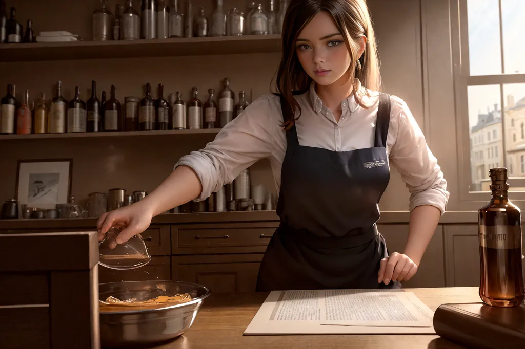 A imagem mostra uma jovem mulher vestindo uma camisa branca, avental preto e saia marrom. Ela está em pé em uma sala com prateleiras de madeira repletas de diversos frascos e potes. Há um balcão ou mesa de madeira à sua frente, sobre o qual há uma tigela grande e um papel enrolado. A mulher está segurando uma tampa de vidro e está prestes a colocá-la sobre a tigela. Ela tem um olhar sério no rosto, como se estivesse concentrada na tarefa em mãos.