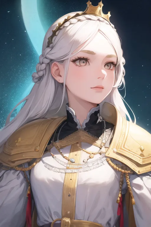 The image is of a young woman with long white hair and golden eyes. She is wearing a white and gold dress with a crown on her head. She is standing in front of a blue background with a crescent moon in the top left corner. The woman has a serene expression on her face and is looking at the viewer.