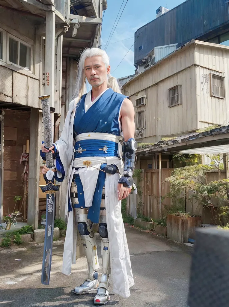 La imagen muestra a una persona con un atuendo azul y blanco de pie en un callejón. La persona tiene el cabello largo y blanco y está sosteniendo una espada. Lleva puesto un atuendo tipo túnica blanco y azul con un fajín blanco y un cinturón azul. También tiene puestas unas abrazaderas mecánicas plateadas y negras en las piernas y unos tenis negros. El fondo de la imagen es un callejón estrecho con edificios de madera a ambos lados. El cielo es azul con algunas nubes ligeras en el fondo.