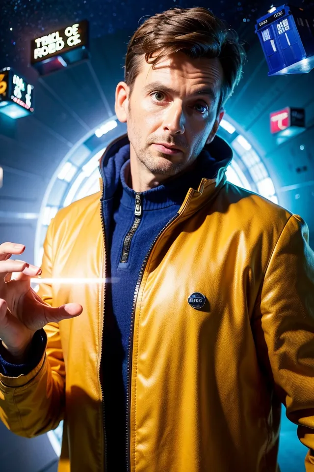 The image shows David Tennant, a Scottish actor, wearing a yellow leather jacket over a blue sweater. He has his hand outstretched, and there is a small light or laser coming from his hand. He is standing in front of a blue background with a police call box on the right. There are also some small cartoonish images around him, including a Dalek, a Cyberman, and a Weeping Angel.