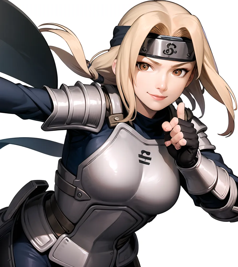 The image is of a young woman with long blond hair and brown eyes. She is wearing a metal armor with a blue cloth underneath. She has a headband with the kanji for "fire" on her forehead. She is in a fighting stance, with her right hand extended forward and her left hand holding a kunai. She has a confident smile on her face.