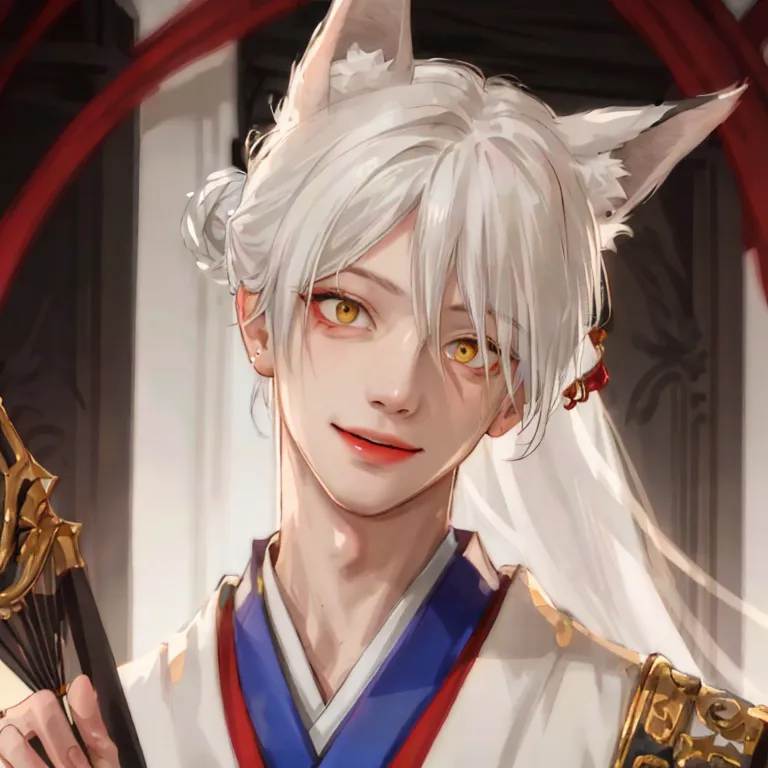 The image is of a young man with white hair and fox ears. He is wearing a white kimono with a red and blue sash. He has a gentle smile on his face and is holding a folding fan in his right hand. He has two buns in his hair and there are two red ribbons hanging from the left side of his head. He is standing in front of a red curtain.