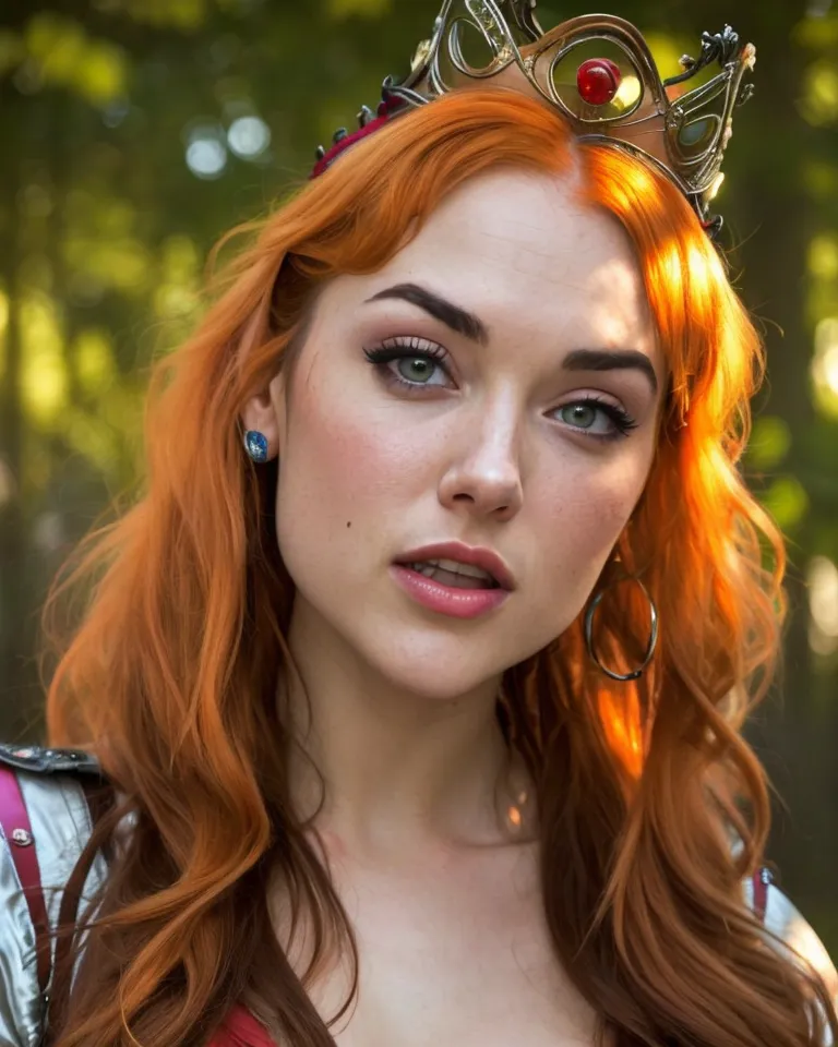 This image shows a young woman, with long, wavy, orange hair, fair skin, and light blue eyes. She is wearing a silver circlet with a red jewel in the center on her head and a silver earring in her left ear. She is wearing a red and silver colored outfit. She has a beauty mark on her right cheek.