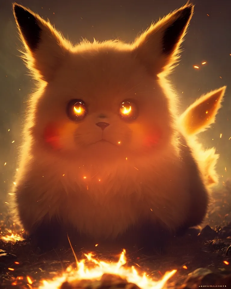 A imagem mostra um Pikachu, que é um personagem da franquia Pokémon. É uma criatura pequena, amarela e peluda, com uma cauda em forma de raio. Nesta imagem, o Pikachu está sentado em uma cama de brasas e seus olhos estão brilhando intensamente. O fundo é escuro, o que faz o Pikachu se destacar. A imagem é muito detalhada e você pode ver os pelos individuais no pelo do Pikachu.