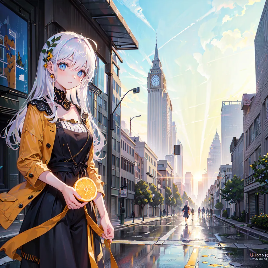 The image is a painting of a young woman standing in a city street. She is wearing a yellow coat and a black dress. She has long white hair and blue eyes. She is holding an orange in her right hand. The city street is lined with buildings and there is a clock tower in the distance. The sky is blue and there are some clouds in the sky.