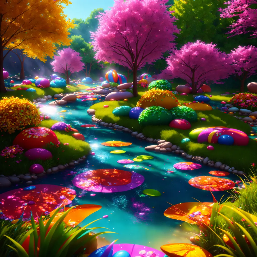 The image is a whimsical depiction of a forest with a river running through it. The trees are all different colors, as are the flowers and plants. The river is a bright blue color and there are lily pads floating on it. The rocks in the river are also different colors. There is a pink rock in the foreground with a small waterfall flowing over it. There are also some large mushrooms in the background. The overall effect is one of beauty and tranquility.