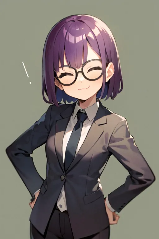 A young woman with purple hair and glasses is wearing a suit and tie. She has a confident smile on her face and is standing with her hands on her hips. She is standing in front of a grey background.