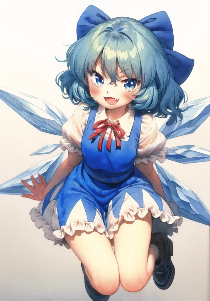 The image is of a young girl with blue hair and eyes. She is wearing a blue dress with a white collar and a red ribbon in her hair. She also has a pair of ice wings. She is smiling and has her mouth open, and there are two small fangs visible. She is sitting on a pile of ice crystals. The background is white.