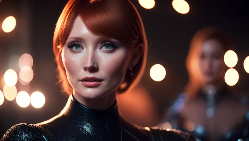 The image is a portrait of a beautiful woman with short red hair and blue eyes. She is wearing a black leather suit with a high collar. The background is dark with out-of-focus lights in the back. The woman's expression is serious and confident. She is looking at the viewer with her head tilted slightly to the right.