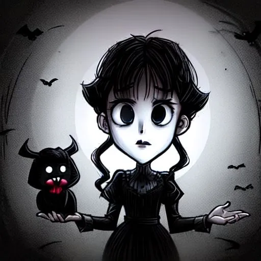 La imagen es un dibujo de una chica con el cabello negro y largo, piel pálida y ojos negros grandes. Lleva un vestido negro con un cuello blanco. Está de pie frente a una luna llena y hay murciélagos volando a su alrededor. Tiene una pequeña criatura negra con ojos rojos y una boca llena de dientes afilados en la palma de su mano. La chica mira a la criatura con una expresión curiosa en su rostro.