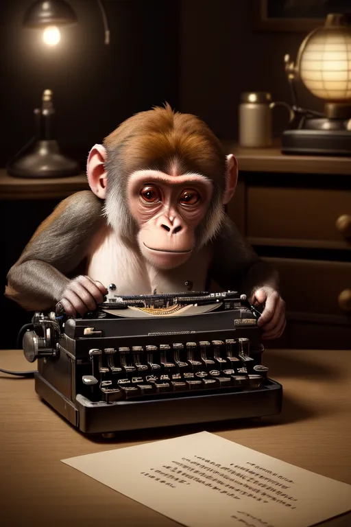 The image shows a monkey sitting at a desk, wearing a brown vest. The monkey is typing on a typewriter with a serious expression on its face. There is a lamp on the desk, and a globe and some books in the background.