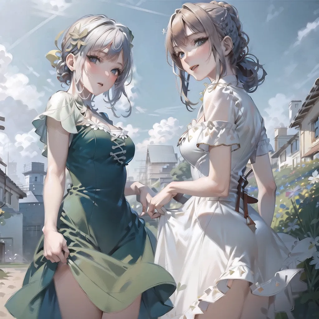 The image depicts two young women standing close to one another in a European-style street. The woman on the left has silver hair and green eyes, and she is wearing a green dress. The woman on the right has brown hair and blue eyes, and she is wearing a white dress. Both women are smiling and have their hands clasped together. In the background, there are several buildings and a large clock tower.