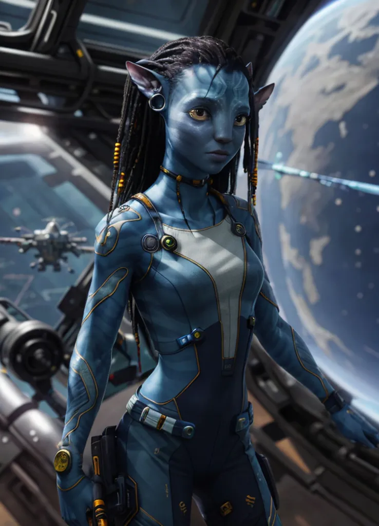 The image shows a female Na'vi, a fictional humanoid species from the movie Avatar. She is standing in a spaceship, wearing a blue and gray jumpsuit. Her hair is braided and she has a number of piercings on her face and ears. She is also wearing a necklace and a bracelet. The background of the image is a view of a planet from space.