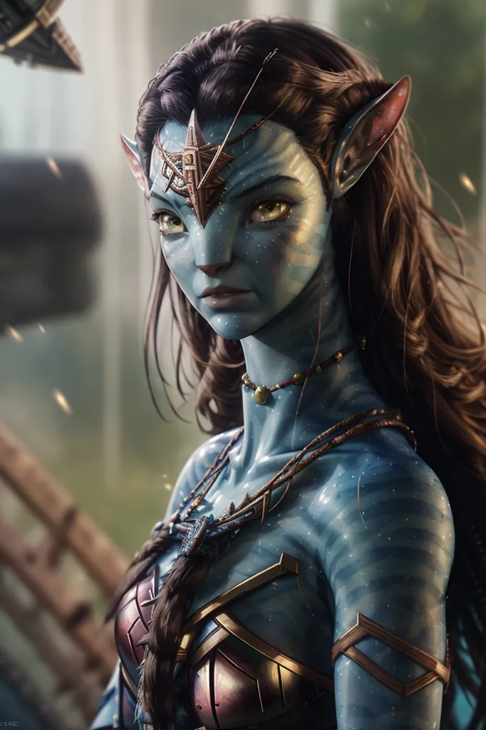 This is an image of a female Na'vi from the movie Avatar. She has blue skin, brown hair, and yellow eyes. She is wearing a traditional Na'vi outfit made of leaves and vines. She has a spear in her hand and is standing in a forest. The background is blurry, but it looks like there are mountains in the distance.