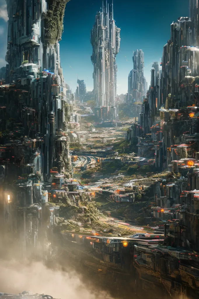 The image shows a futuristic city built in a canyon. The city is made up of tall skyscrapers and other structures, all of which are covered in vegetation. There is a river running through the middle of the city, and there are several bridges crossing the river. The sky is blue, and there are some clouds in the distance.