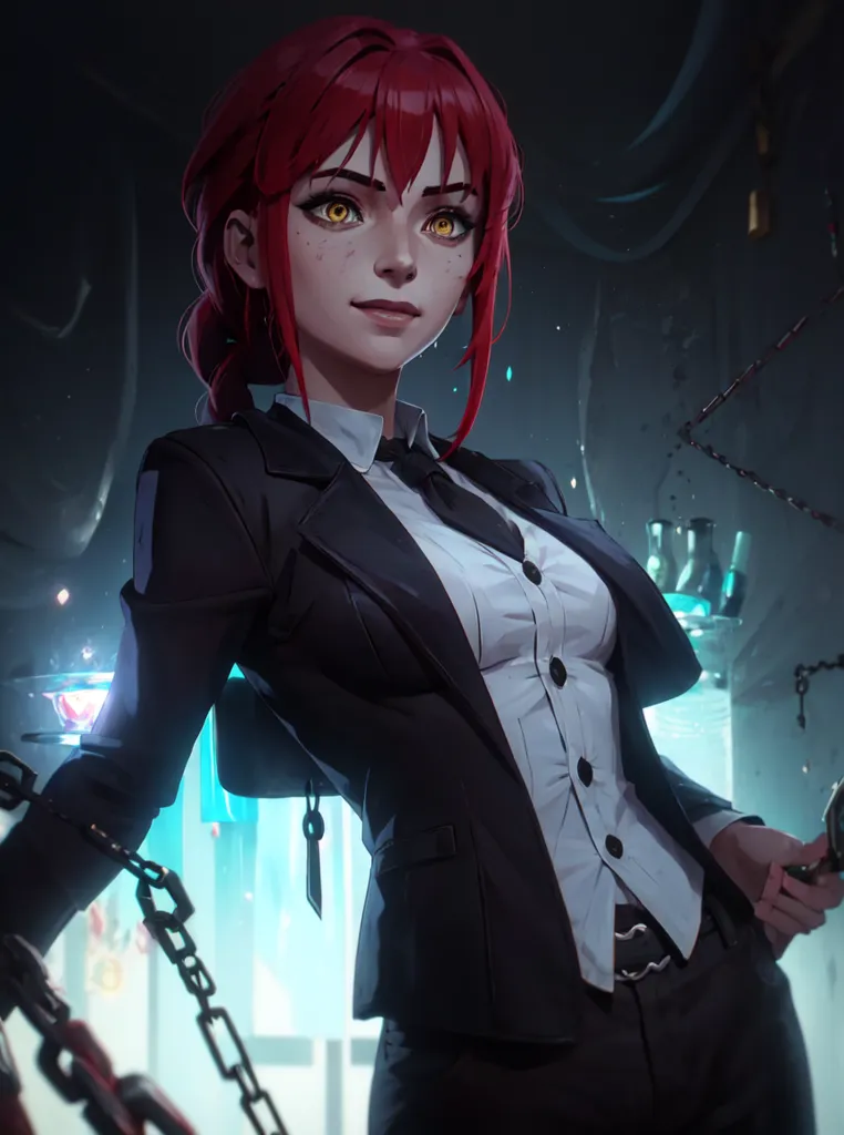 This is an image of a woman with red hair and yellow eyes. She is wearing a black suit and white shirt. She is standing in a dark room with chains around her. There are also some strange machines and potions in the background. The woman has a serious expression on her face. She is probably a scientist or a researcher.