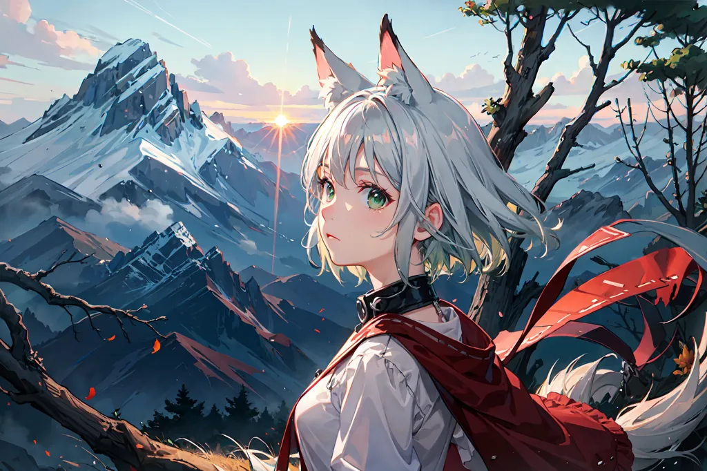 La imagen es de una hermosa chica de anime con orejas de lobo y ojos verdes. Ella está usando una capa roja y una camisa blanca. Ella está de pie en un bosque, mirando una cadena montañosa a lo lejos. El sol se está poniendo y el cielo es un degradado de naranja y rosa. Los árboles están desnudos y el suelo está cubierto de nieve.