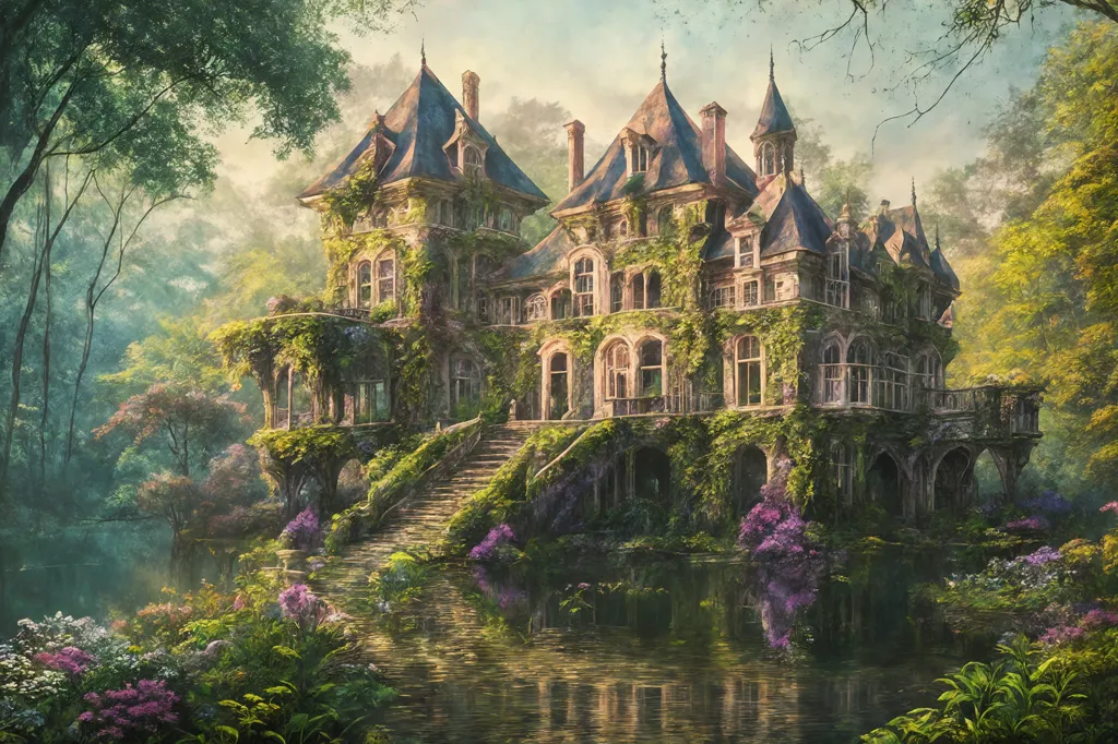 The image is of a fairytale castle. It is made of gray stone and has many towers and turrets. The castle is surrounded by a forest and there is a lake in front of it. The water in the lake is green and still. There are some trees and flowers on the shore of the lake. The sky is blue and there are some clouds in the sky. The castle is in the middle of the image and it is the main focus of the image. The image is very detailed and realistic.