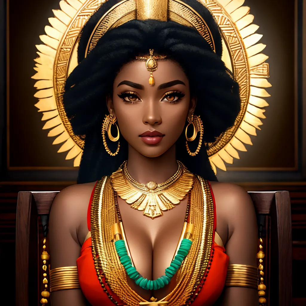 Cette image montre une belle femme à la peau foncée avec de longs cheveux noirs. Elle porte un haut orange et rouge et a beaucoup de bijoux en or, notamment un collier, des boucles d'oreilles et un serre-tête. Elle est assise sur un trône et a une expression sérieuse sur le visage. L'arrière-plan est sombre avec une auréole dorée autour de sa tête.