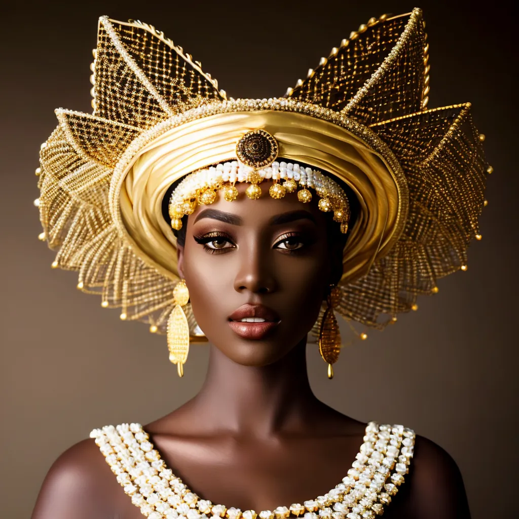 The image is a portrait of a dark-skinned woman. She is wearing a golden crown and matching earrings. The crown is made of intricate patterns and has a large circular centerpiece. The earrings are long and have a leaf-like design. The woman's makeup is flawless and she is looking directly at the viewer with her dark brown eyes. She is wearing a white off-the-shoulder dress with a sweetheart neckline. The dress is made of a silky material and has a fitted bodice. The woman's hair is pulled back into a bun and she is wearing a necklace made of white pearls. The background is a dark brown color and there is a spotlight on the woman.