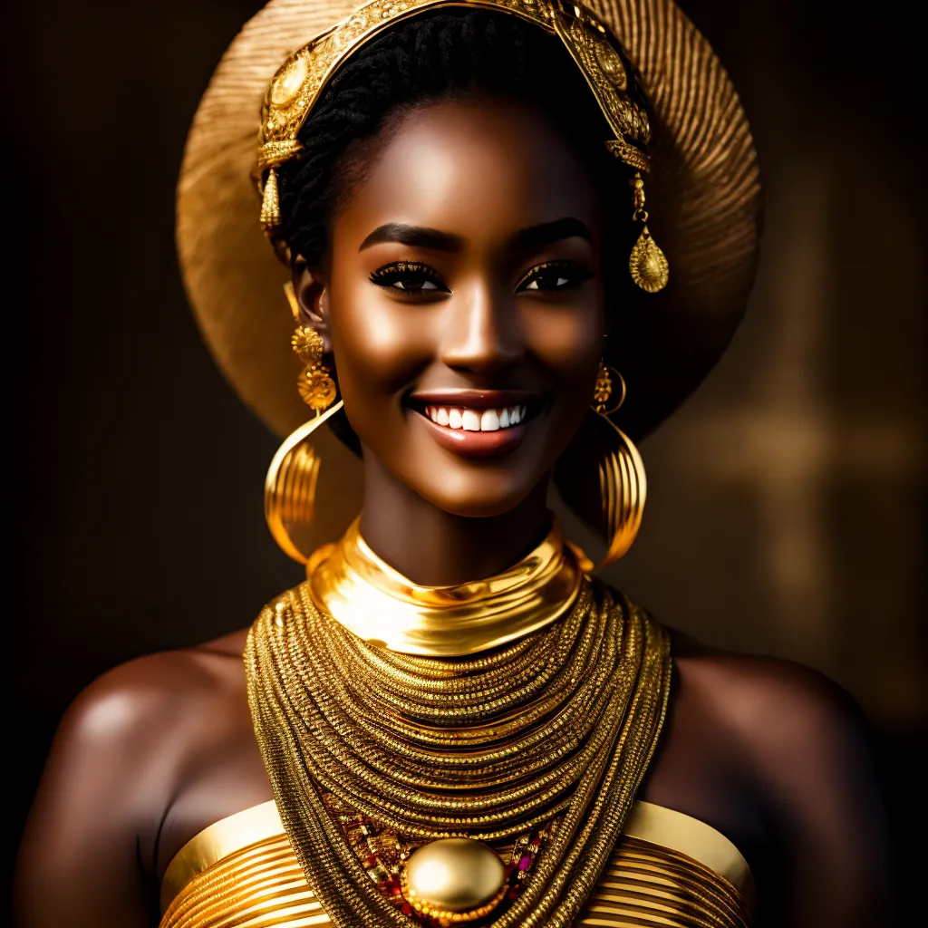 Gambar ini menunjukkan seorang wanita Afrika muda, dengan kulit gelap, mengenakan hiasan kepala emas, anting-anting, kalung, dan atasan emas. Dia memiliki senyum hangat di wajahnya. Dia melihat ke arah kamera.