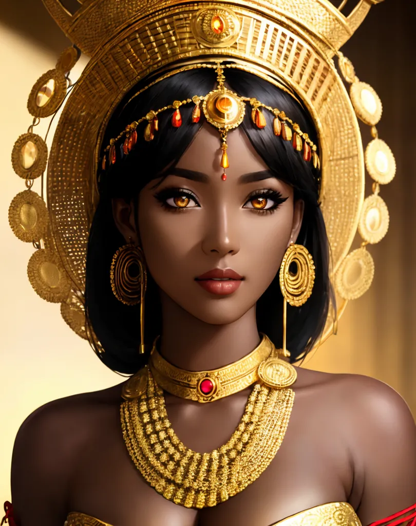 Esta é uma imagem de uma mulher com pele morena escura e cabelos pretos longos. Ela está usando uma coroa dourada e um colar dourado com gemas vermelhas. Ela também está usando brincos dourados. O fundo é de uma cor marrom clara. A mulher tem uma expressão séria no rosto. Ela está olhando para o observador com seus olhos castanhos escuros.