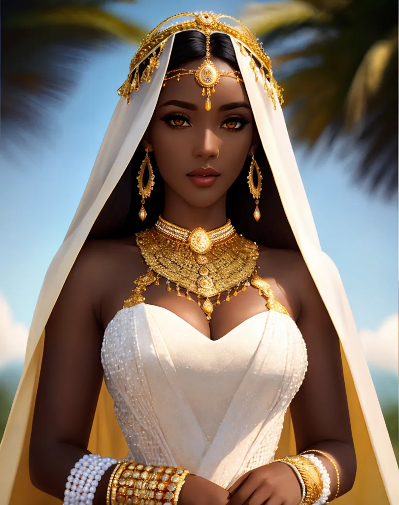 This image shows a beautiful dark-skinned woman, with long black hair and brown eyes. She is wearing a white strapless wedding dress with a sweetheart neckline. The dress is embellished with gold and silver beading and has a long train. She is also wearing a gold necklace, earrings, and bracelets. Her head is covered with a white veil. She is standing in front of a palm tree.