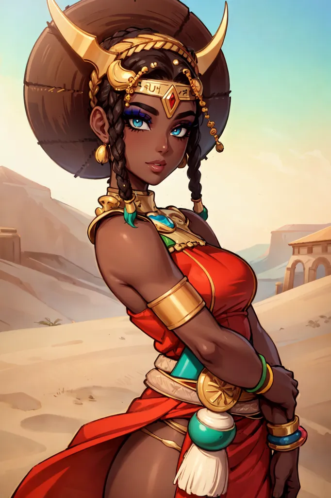 This image depicts a beautiful Nubian woman, likely a queen or other type of royalty, standing in the desert. She is wearing a red dress with a golden belt and a golden headdress with cow horns. She also has several pieces of jewelry on, including a necklace, earrings, and bracelets. Her skin is dark brown and her eyes are blue. She is standing with her arms crossed and has a confident expression on her face. In the background, there are large sand dunes and a building, possibly a temple.