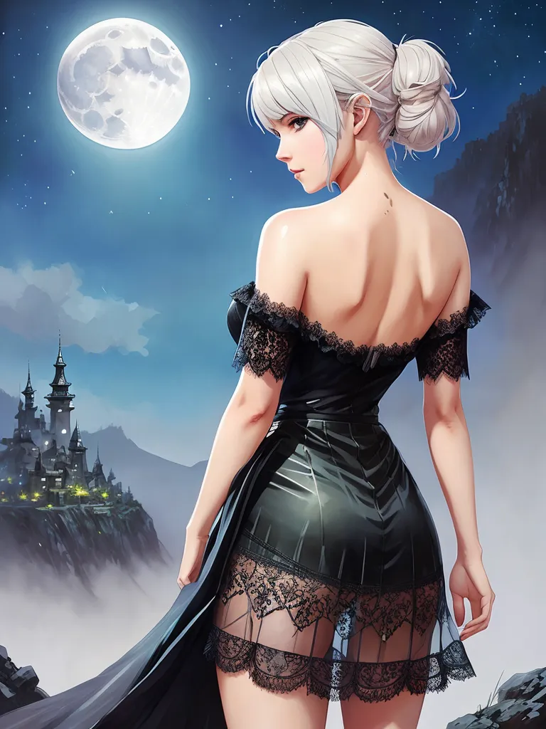 La imagen muestra a una hermosa mujer pálida con cabello blanco largo vestida con un elegante vestido negro con un borde de encaje de pie en un acantilado por la noche. Ella está mirando lejos del espectador, hacia el paisaje iluminado por la luna. Hay un castillo a lo lejos.