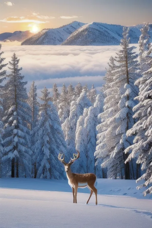 L'image est un magnifique paysage d'hiver. Il y a une montagne enneigée à l'horizon et une forêt d'arbres recouverts de neige. Au premier plan de l'image se trouve un champ enneigé avec un cerf debout au milieu. Le soleil se couche derrière la montagne et le ciel est un dégradé d'orange et de jaune.